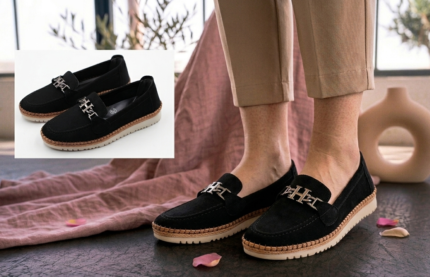siyah süet h tokalı kadın loafer babet